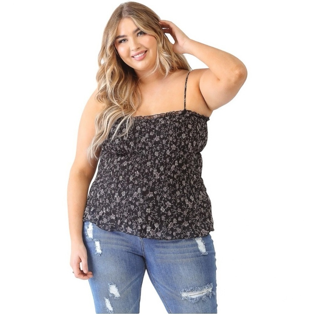 NWT Black Floral Print Smocked Sleeveless Adjustable Strap Top